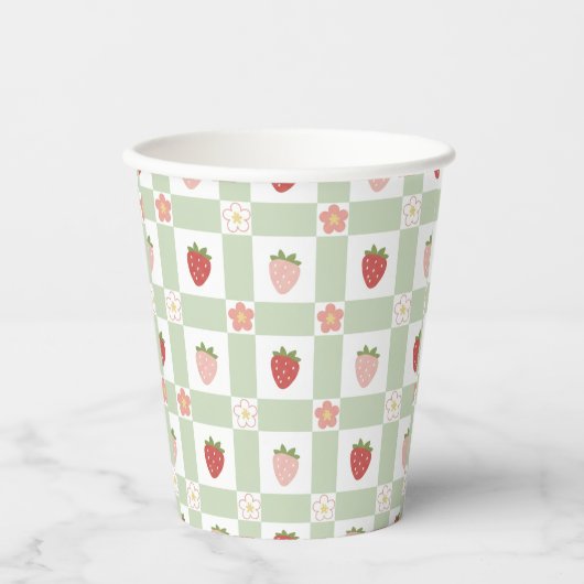 Wegwerp aardbei geruite pastelgroene papieren bekers (Voorkant)
