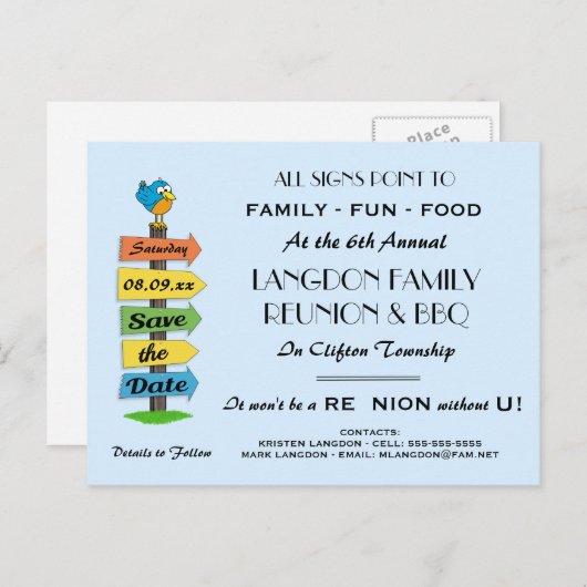 Wegwijzer Bewaar de datum van reünie, feest of eve Aankondigingskaart (Voorkant / Achterkant)