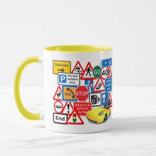 Wegwijzers en gele auto mok (Links)