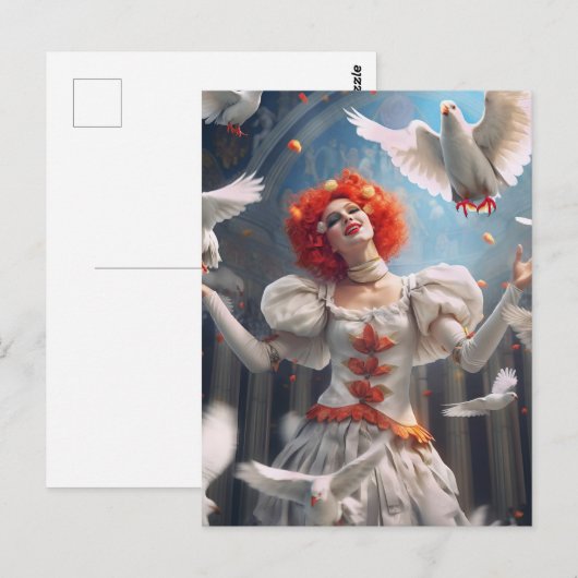 Weiblicher Clown mit Tauben. Lustige Postcard Briefkaart (Voorkant / Achterkant)