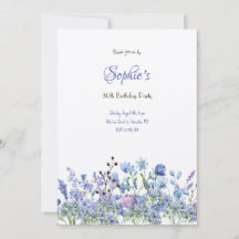Weide blauwe bloemen volwassenen verjaardagsuitnod