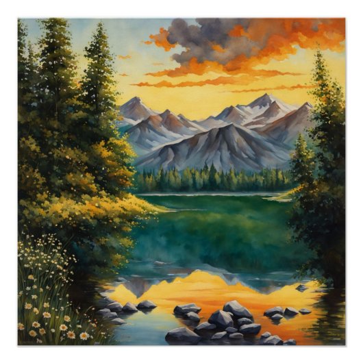 weide gevuld met witte bloemetjes Glanzend Poster (Voorkant)