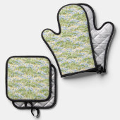 Weide met blauwe bloemen ovenwant & pannenlap set (Voorkant / Achterkant)