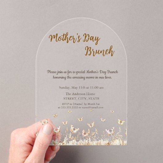 Weide Wilde Bloemen Vlinders Moederdag Brunch Acryl Uitnodigingen (Insitu (Draagbaar))