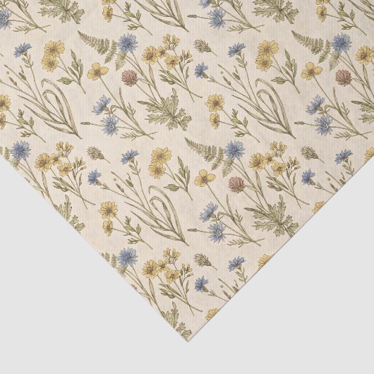 Weidecore botanische print blauwe gele bloemen tissuepapier (Detail)