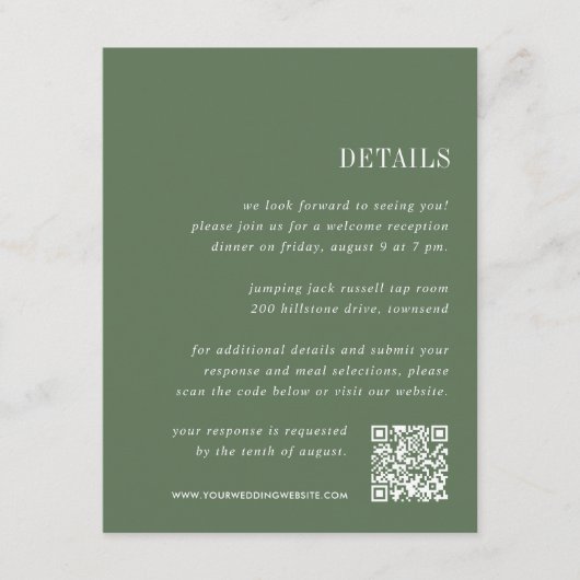 weidegroen | Alles-in-één bruiloft Details Informatiekaartje (Voorkant)