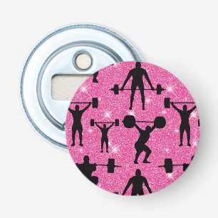 Weightlifting Fitness Workout Sport Roze Glitters Button Flesopener