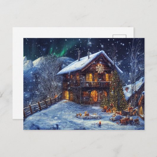 Weihnachten in den Bergen. Almhütte mit Polarlicht Briefkaart (Voorkant / Achterkant)