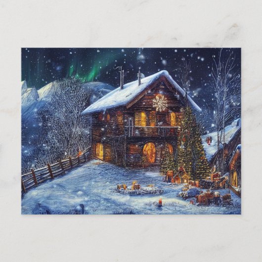 Weihnachten in den Bergen. Almhütte mit Polarlicht Briefkaart (Voorkant)