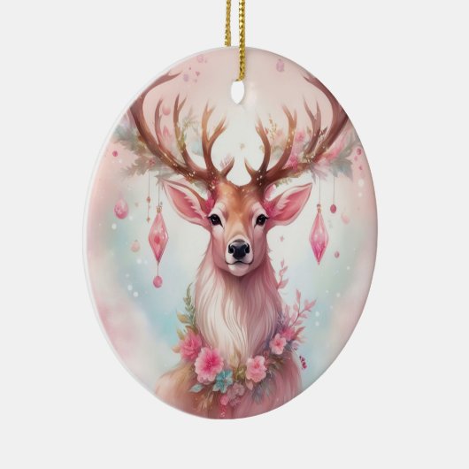 Weihnachten in pink: Rentier mit rosa Weihnachtssc Keramisch Ornament (Rechts)
