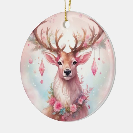 Weihnachten in pink: Rentier mit rosa Weihnachtssc Keramisch Ornament (Links)