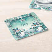 Weihnachten: Schneemänner türkise Kartonnen Onderzetters (Schuin)