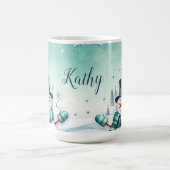 Weihnachten: Schneemänner türkise Koffiemok (Center)