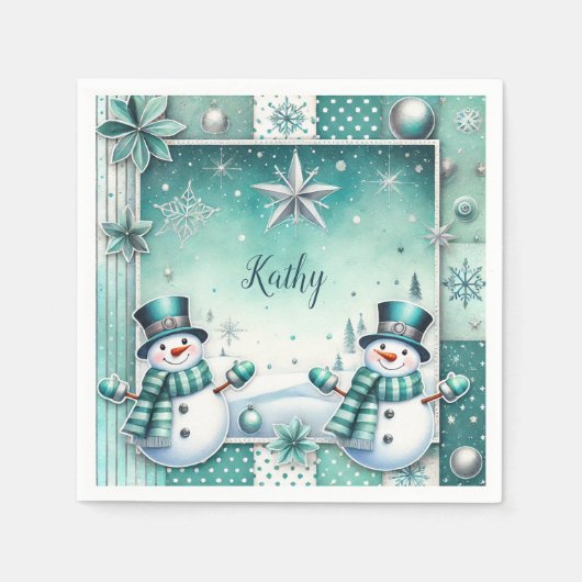  Weihnachten: Schneemänner türkise Servet (Voorkant)