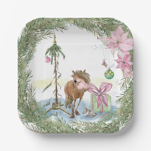 Weihnachts-Pappteller mit süssem Ponybild Papieren Bordje (Voorkant)