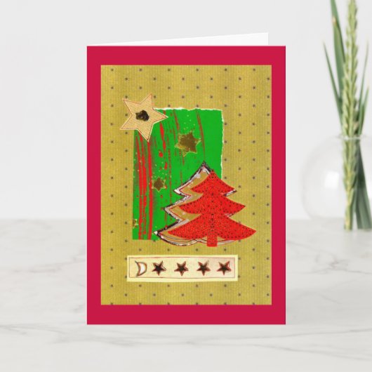 Weihnachtsbaum und Sterne modern in Rot-Gold-Grün Feestdagen Kaart (Voorkant)