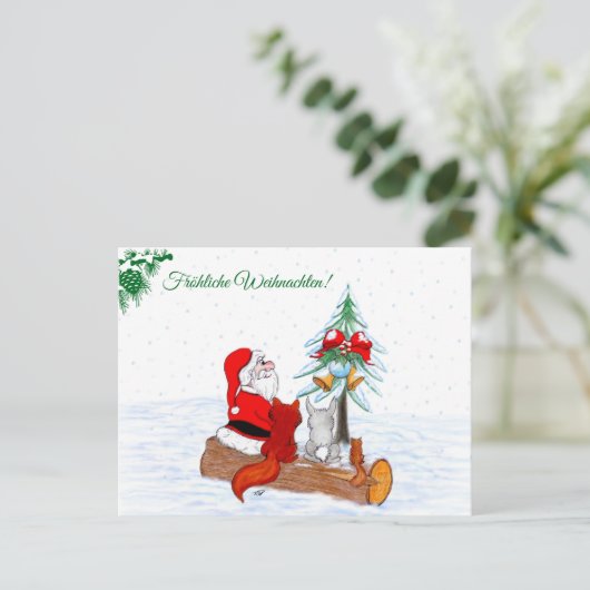 Weihnachtsmann Kaninchen Fox Eichhörnchen, Deutsch Feestdagenkaart (Staand voorkant)