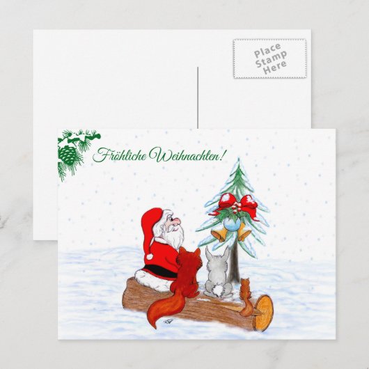 Weihnachtsmann Kaninchen Fox Eichhörnchen, Deutsch Feestdagenkaart (Voorkant / Achterkant)