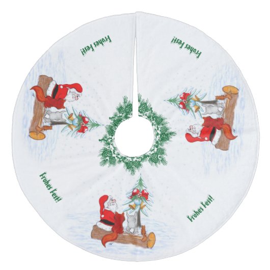 Weihnachtsmann mit Kaninchen Fox und Eichhörnchen Fleece Kerstboom Rok (Voorkant)