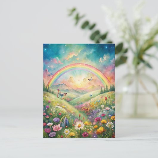 Weiland met bloemen en vlinders en een regenboog briefkaart (Staand voorkant)