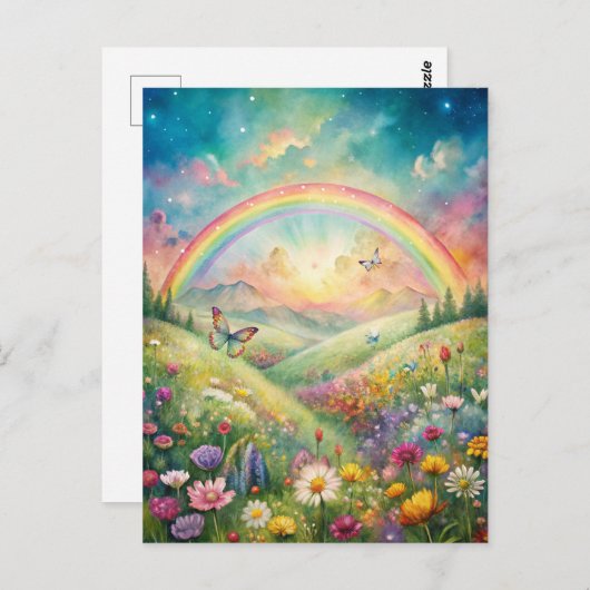 Weiland met bloemen en vlinders en een regenboog briefkaart (Voorkant / Achterkant)