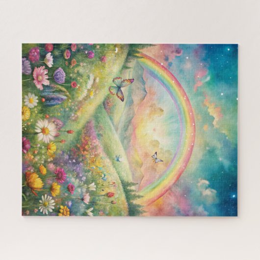 Weiland met bloemen en vlinders en een regenboog legpuzzel (Horizontaal)