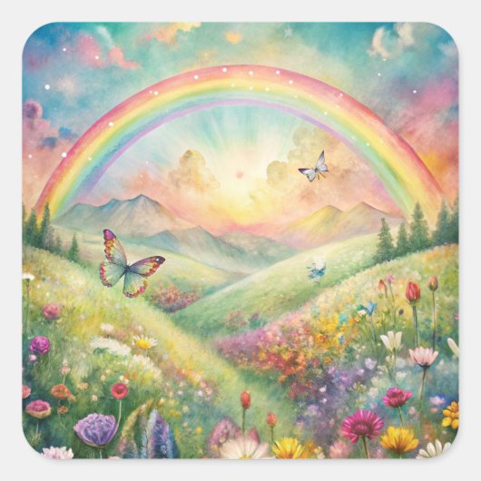 Weiland met bloemen en vlinders en een regenboog vierkante sticker (Voorkant)