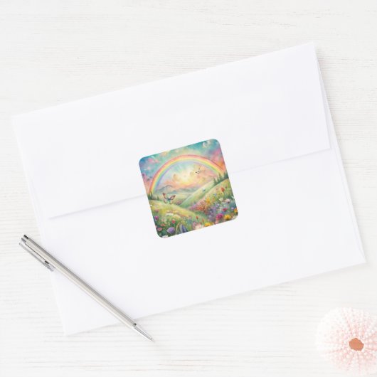 Weiland met bloemen en vlinders en een regenboog vierkante sticker (Envelop)