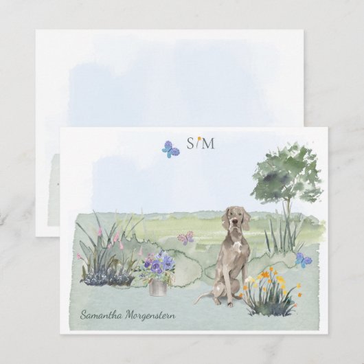 Weimaraner Butterfly Meadow Monogram & Naam  Notitiekaartje (Voorkant / Achterkant)