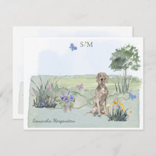 Weimaraner Butterfly Meadow Monogram & Naam  Notitiekaartje