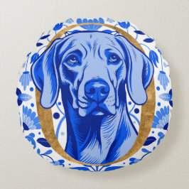 Weimaraner die door de letter "O" in Goud gluurt Rond Kussen