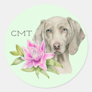 Weimaraner Dog en Lily Waterverf Monogram Ronde Sticker