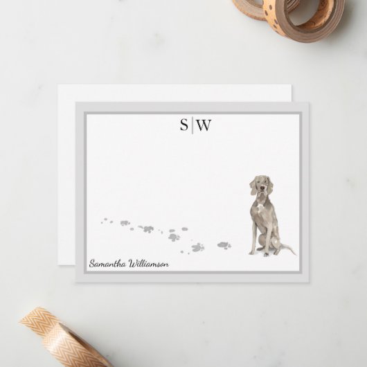 Weimaraner Dog Gray Border Monogram Gepersonalisee Notitiekaartje (Voorkant / Achterkant in situ)