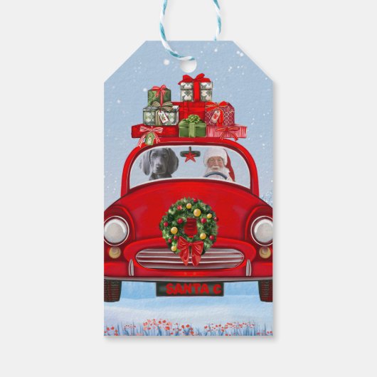 Weimaraner Dog in auto met kerstman Cadeaulabel (Achterkant)