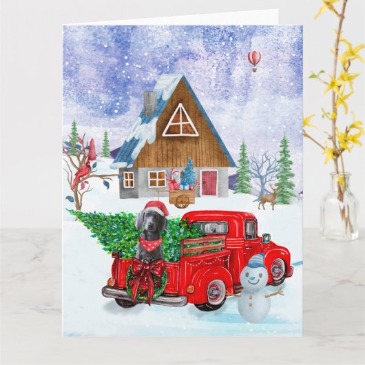 Weimaraner Dog in kerstcadeauwagen Kaart (Gele Bloem)