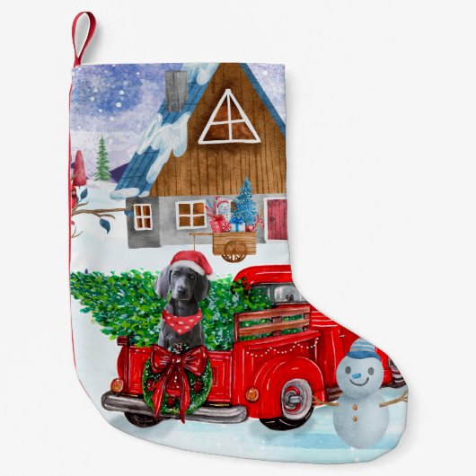 Weimaraner Dog in kerstcadeauwagen Kleine Kerstsok (Voorkant)
