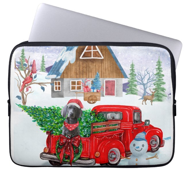 Weimaraner Dog in kerstcadeauwagen Laptop Sleeve (Voorkant)
