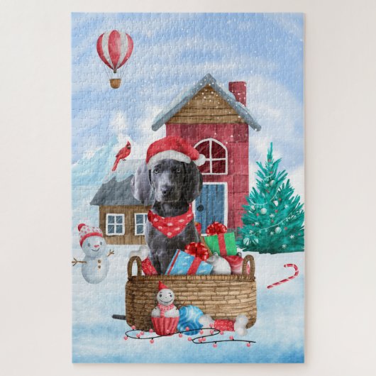 Weimaraner Dog in sneeuwkersthondenhuis Legpuzzel (Verticaal)