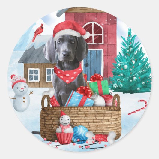 Weimaraner Dog in sneeuwkersthondenhuis Ronde Sticker (Voorkant)