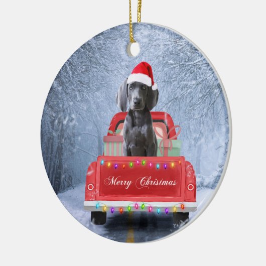 Weimaraner Dog in Snow, dat in kerstmis zit Keramisch Ornament (Links)