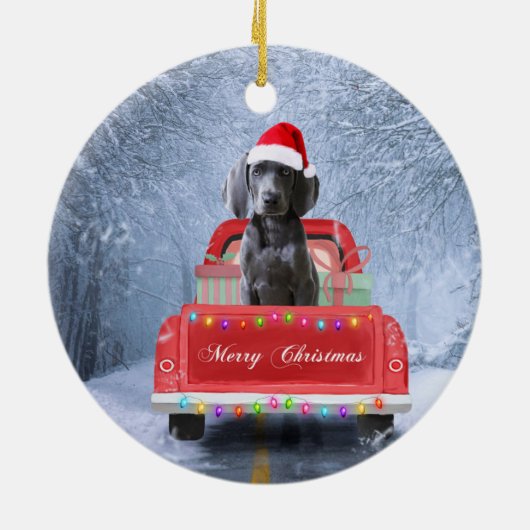Weimaraner Dog in Snow, dat in kerstmis zit Keramisch Ornament (Achterkant)