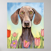 Weimaraner Dog met Tulpen Schilderen Poster (Voorkant)