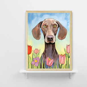 Weimaraner Dog met Tulpen Schilderen Poster