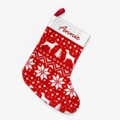 Weimaraner Dog Silhouettes Pattern Red en White Kleine Kerstsok (Voorkant (Hangend))