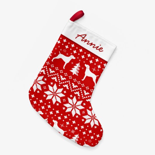 Weimaraner Dog Silhouettes Pattern Red en White Kleine Kerstsok (Voorkant (Hangend))