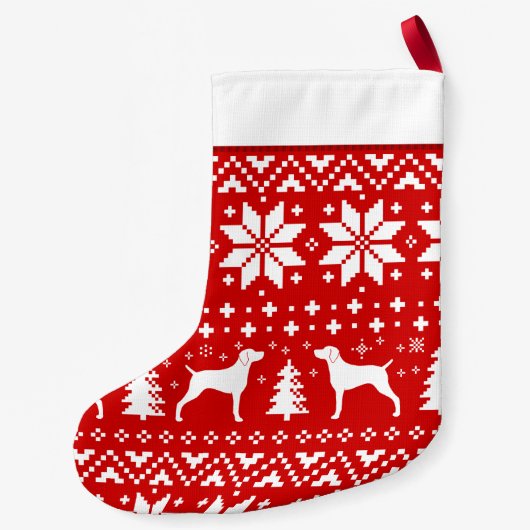 Weimaraner Dog Silhouettes Pattern Red en White Kleine Kerstsok (Achterkant)