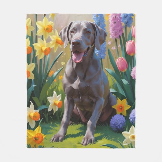 Weimaraner Dog Spring Bloemen Schilderen Fleece Deken (Voorkant)