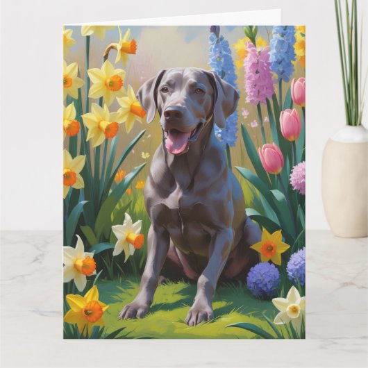 Weimaraner Dog Spring Bloemen Schilderen Kaart (Voorkant)