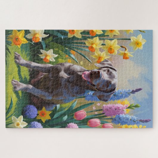 Weimaraner Dog Spring Bloemen Schilderen Legpuzzel (Horizontaal)