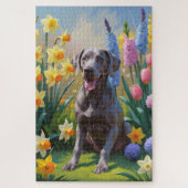 Weimaraner Dog Spring Bloemen Schilderen Legpuzzel (Verticaal)